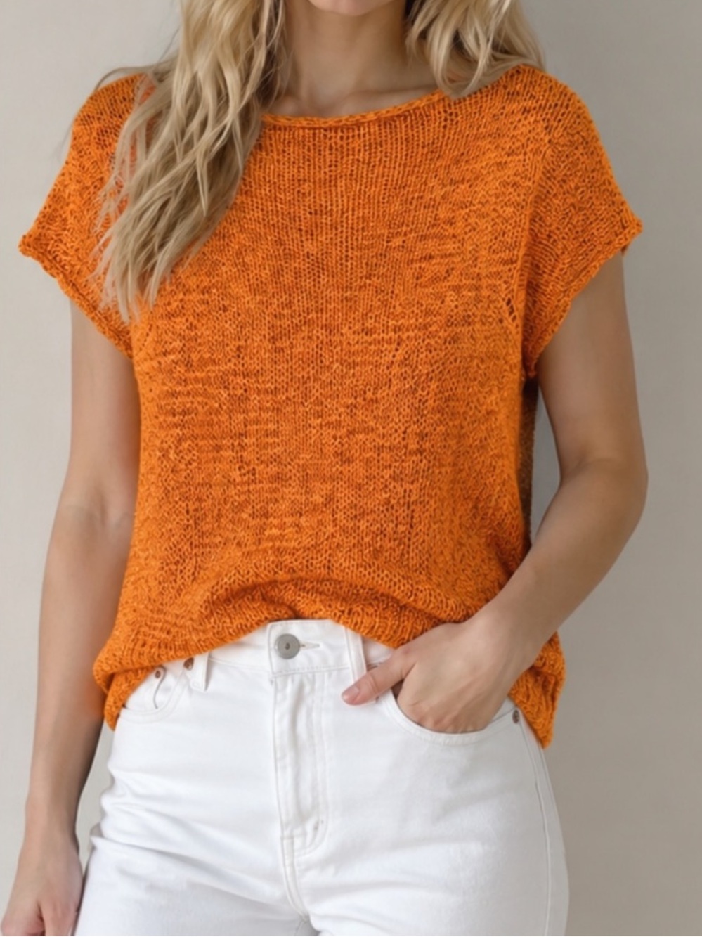 J. Crew Vibrant Orange Short Sleeve Open Knit Top